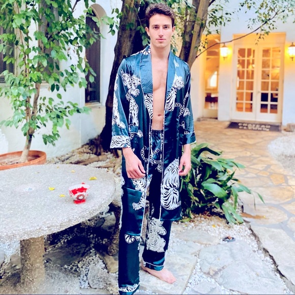 Men’s Blue Teal Tiger Robe Set (only have set with SHORTS now in stock) - Picture 2 of 11